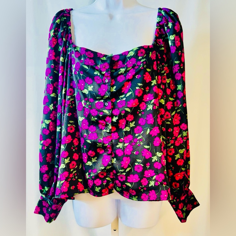 Leith Black Fuschia Floral Long Sleeve Button Up Elastic Shoulder Blouse 1X